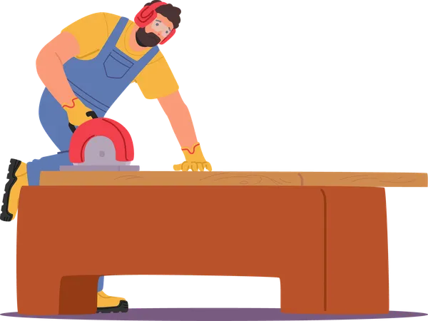 Menuisier en tenue de protection utilisant une scie électrique pour travailler le bois sur une grande table en bois  Illustration