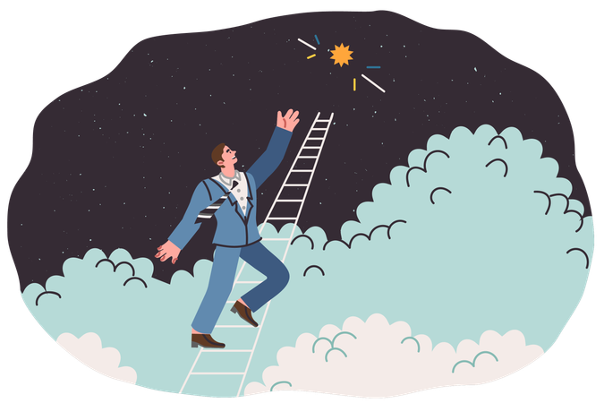 Chasing dream of business man climbing career ladder to get bright star from sky  Illustration