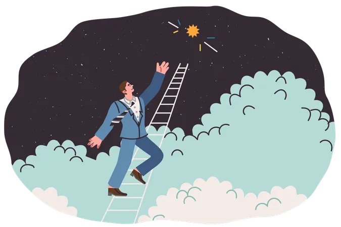 Chasing dream of business man climbing career ladder to get bright star from sky  Illustration