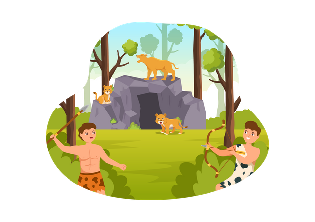 Chasse aux hommes de l'âge de pierre préhistorique  Illustration