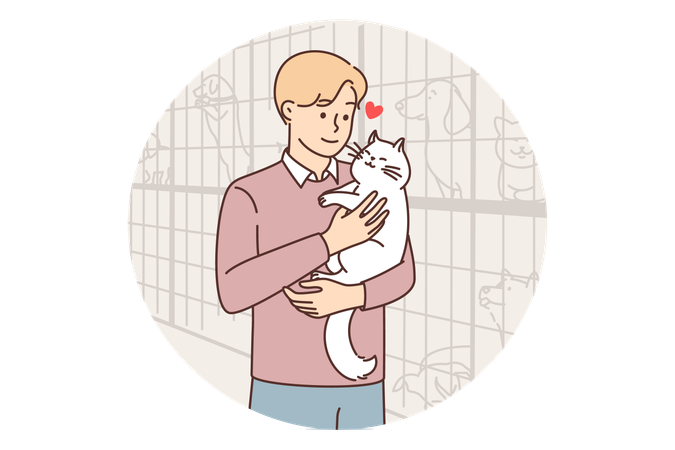 Un homme a adopté un chat dans un refuge pour animaux  Illustration