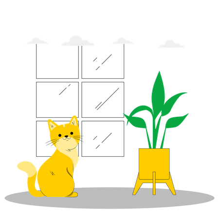 Chat assis près d’une plante  Illustration