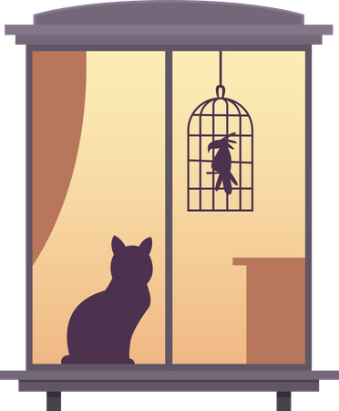 Chat assis sur la fenêtre vue depuis la fenêtre  Illustration