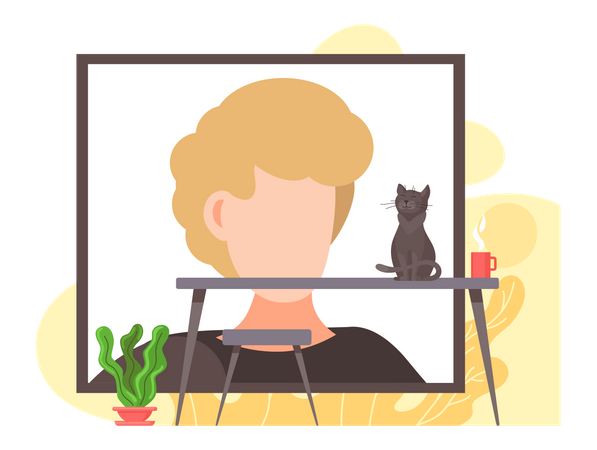 Chat assis sur la table devant un écran avec un homme  Illustration