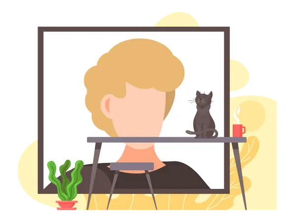 Chat assis sur la table devant un écran avec un homme  Illustration