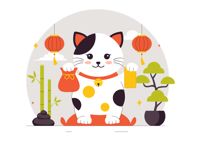 Chat avec éléments et équilibre du Yin et du Yang  Illustration