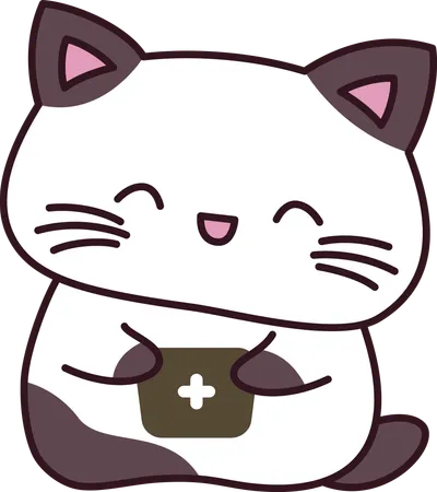 Chaton blanc mignon avec une expression heureuse tenant une boîte à médicaments  Illustration