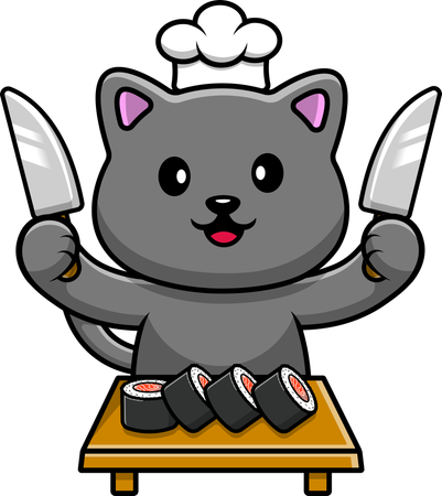 Chef de chat avec sushi et couteau  Illustration