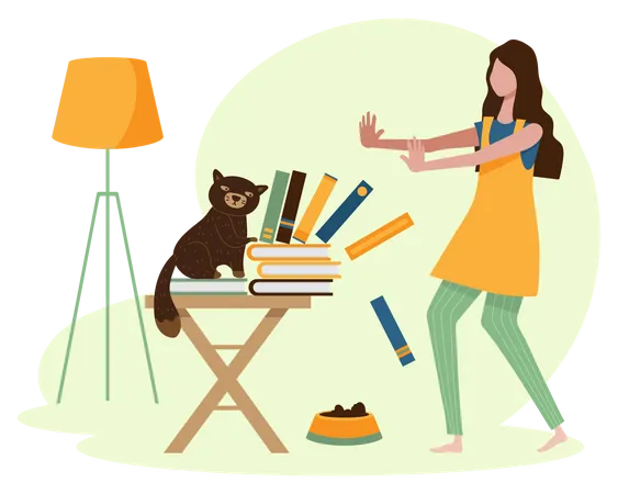 Chat jouant avec des livres et une fille essayant d'arrêter  Illustration