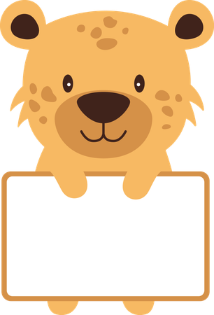 Heureux mignon chat léopard jaguar guépard animal personnage de dessin animé tenant un tableau blanc vide  Illustration