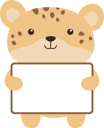 Heureux mignon chat léopard jaguar guépard animal personnage de dessin animé tenant un tableau blanc vide  Illustration