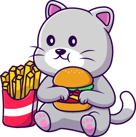 Chat mangeant un hamburger et des frites  Illustration