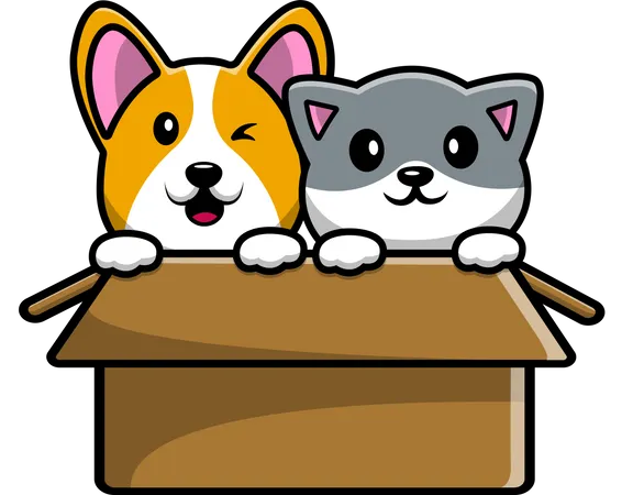 Joli chat et chien Corgi jouant dans une boîte  Illustration