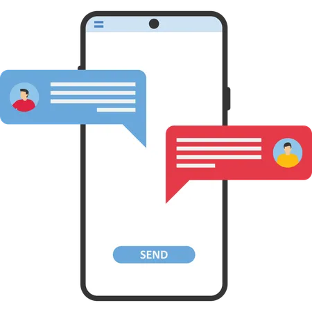 Chat Mobile Application For Business Businessman And Businesswoman Communicate With Mobile App On Big Hand Holding Smart Phone Illustration