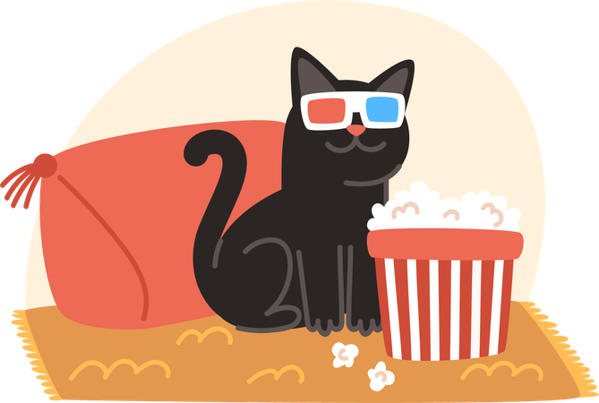 Chat portant des lunettes 3D et mangeant du pop-corn en regardant un film  Illustration