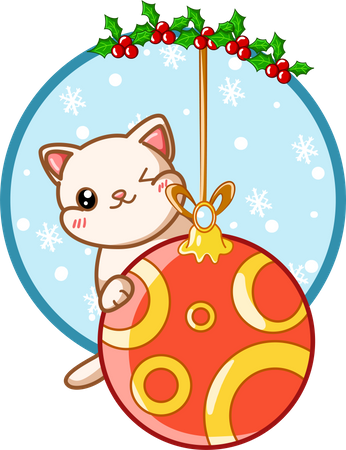 Chat sur la boule de Noël avec des feuilles de houx  Illustration