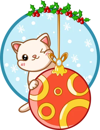 Chat sur la boule de Noël avec des feuilles de houx  Illustration