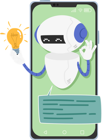 Chatbot com lâmpada brilhante na tela do smartphone  Ilustração