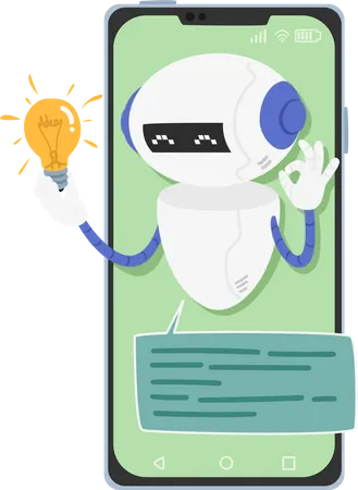 Chatbot Con Bombilla Brillante En La Pantalla Del Telefono Inteligente Software Basado En IA Que Interactua Con Los Usuarios A Traves De Aplicaciones De Mensajeria O Sitios Web Y Proporciona Respuestas Automatizadas Al Cliente Ilustracion Vectorial De Dibujos Animados Ilustración
