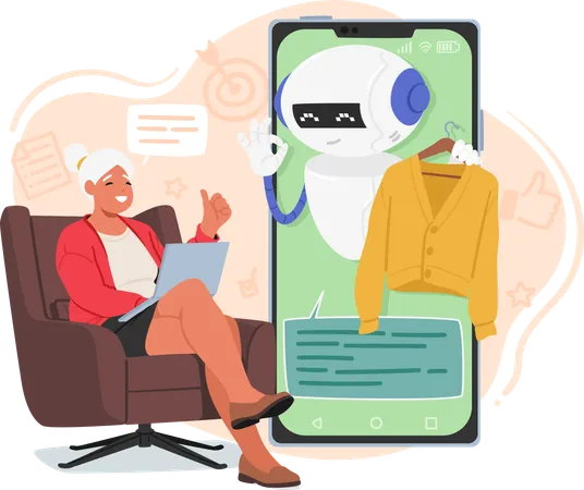 Elderly Woman Character Navigates Online Shopping With A Helpful Chatbot Assistant Choosing Clothes Enjoying A Virtual Experience From The Comfort Of Her Home Cartoon People Vector Illustration Illustration