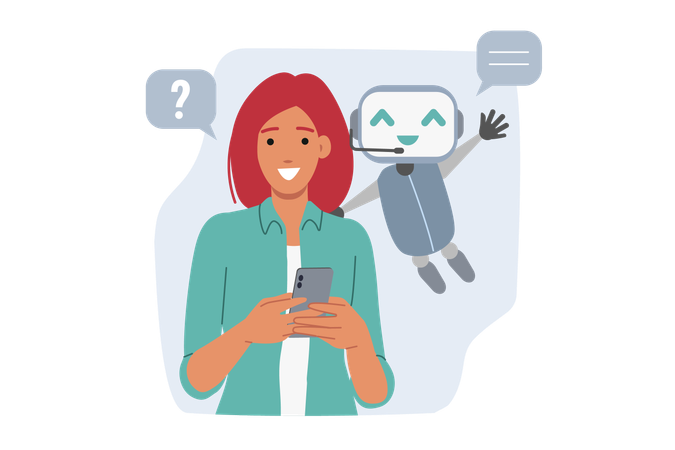 Chatbot helps woman through mobile application on phone  Illustration