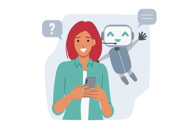 Chatbot helps woman through mobile application on phone  Illustration