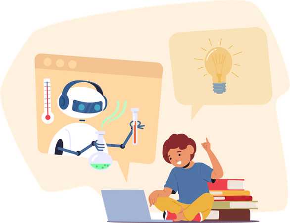 Chatbot is doing experiments while boy is thinking creative ideas  Illustration