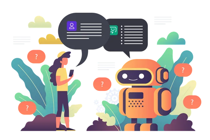 Robô chatbot que fornece assistência online  Ilustração