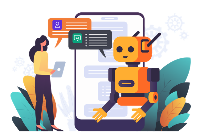 Robot chatbot fournissant de l'aide aux clients  Illustration