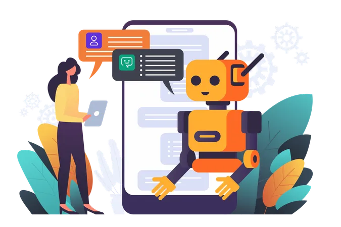 Robot chatbot fournissant de l'aide aux clients  Illustration