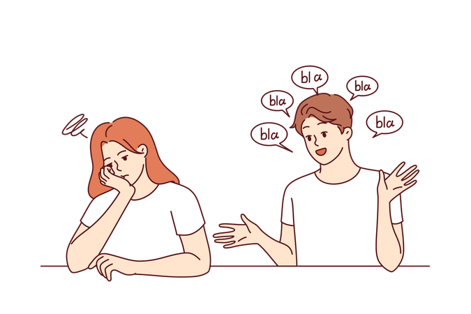 Chatterbox man causes discomfort to woman who does not want to listen to boyfriend empty words  Illustration