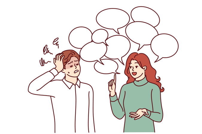 Chatty woman irritates man does not want to listen to girl  イラスト