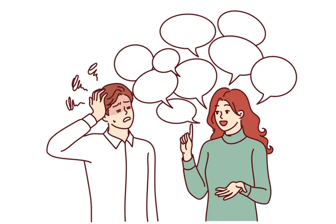 Chatty Woman Irritates Man Clutches Head And Does Not Want To Listen To Girl Standing Among Speech Bubbles Guy Is Experiencing Tension And Discomfort Due To Chatty Girlfriend Spreading Gossip イラスト