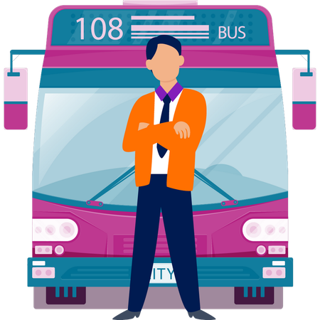 Chauffeur de bus donnant debout avec le bus  Illustration