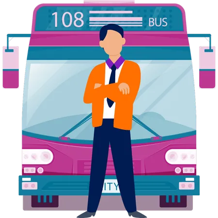 Chauffeur de bus donnant debout avec le bus  Illustration