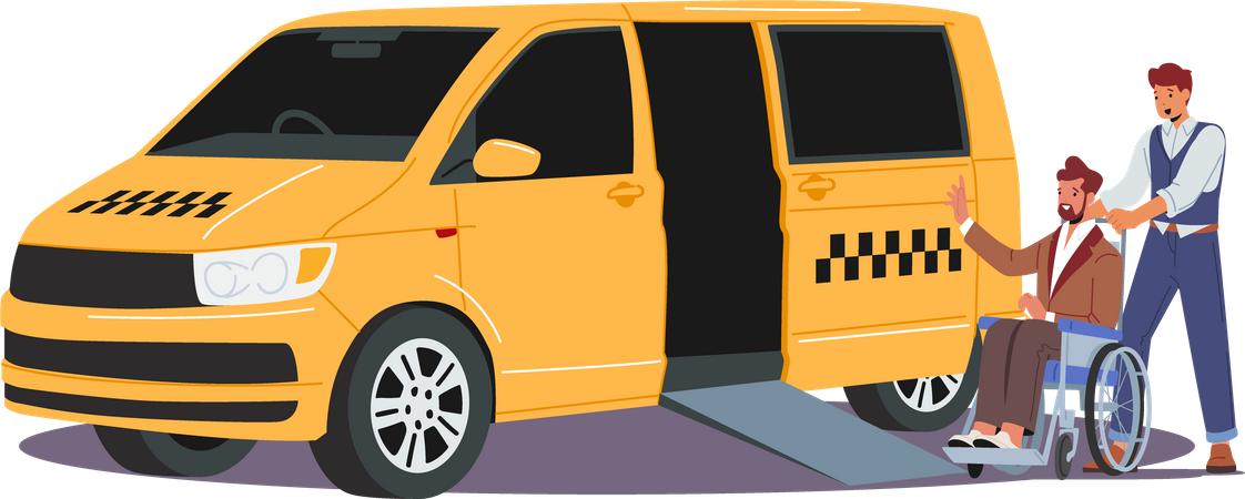 Un chauffeur de taxi aide une personne handicapée à monter dans un taxi  Illustration