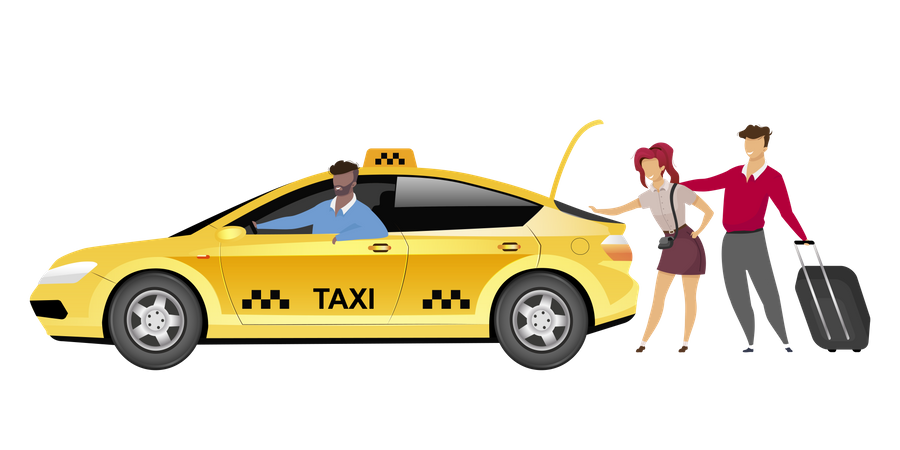 Chauffeur de taxi avec des clients  Illustration