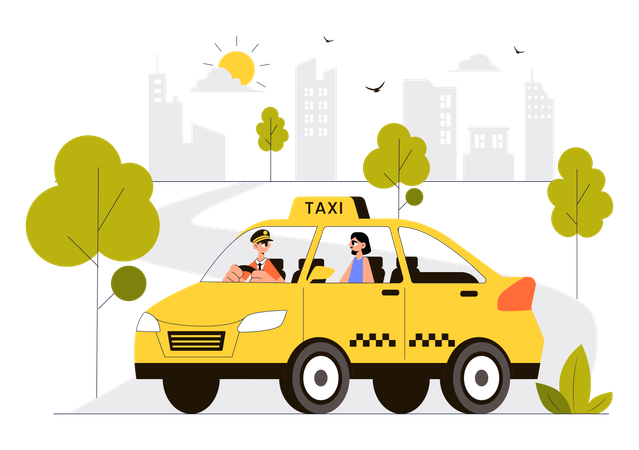 Un chauffeur de taxi emmène une fille en taxi jusqu'à sa destination  Illustration