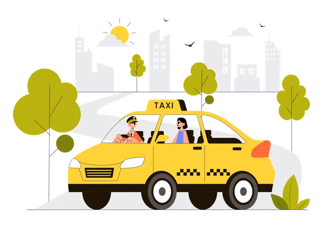 Un chauffeur de taxi emmène une fille en taxi jusqu'à sa destination  Illustration