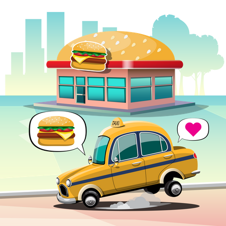 Chauffeur de taxi garé sur un magasin de hamburgers. acheter un burger au fromage pour manger pour le déjeuner  Illustration