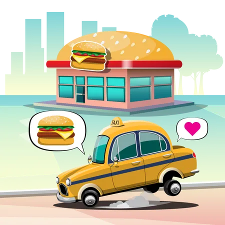 Chauffeur de taxi garé sur un magasin de hamburgers. acheter un burger au fromage pour manger pour le déjeuner  Illustration