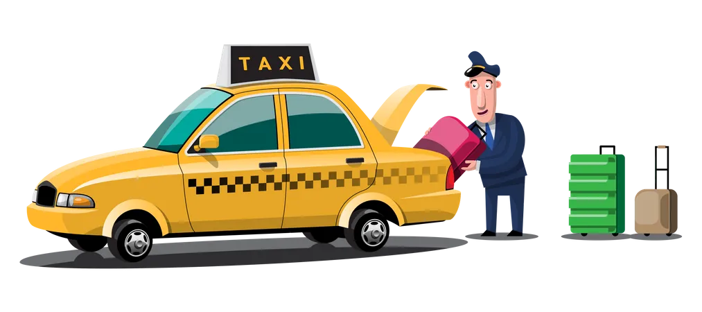 Chauffeur de taxi mettant les bagages du passager dans le coffre du taxi  Illustration