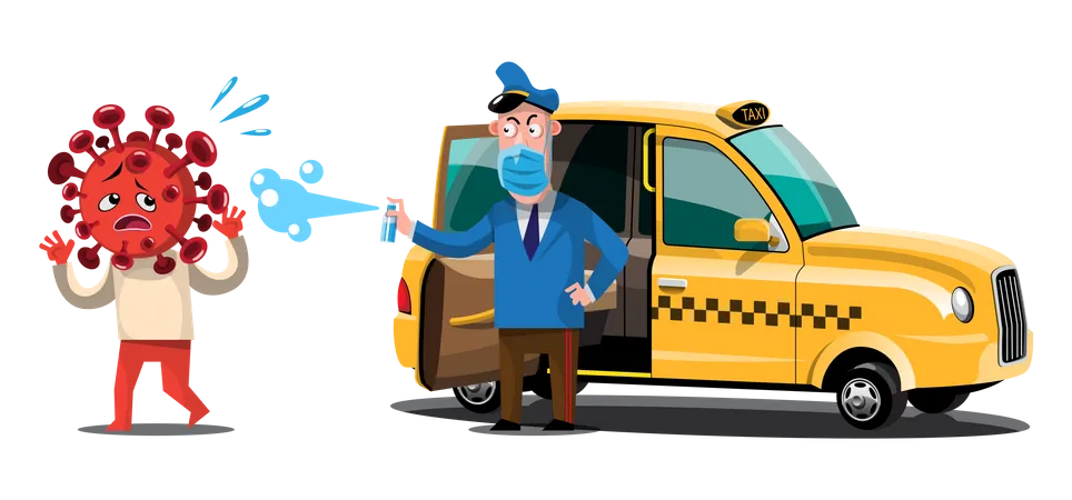 Un chauffeur de taxi pulvérise du désinfectant sur un passager infecté par Corona  Illustration