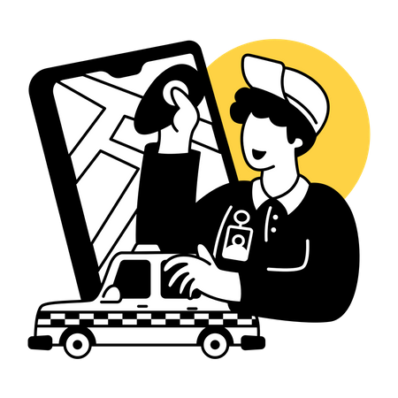 Chauffeur de taxi recherchant l'emplacement de destination avec le smartphone  Illustration