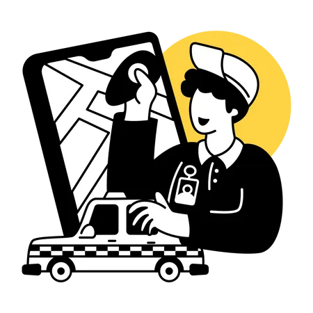 Chauffeur de taxi recherchant l'emplacement de destination avec le smartphone  Illustration