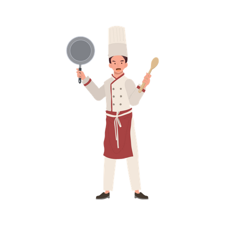 Che masculino com chapéu de chef segurando Pan e Turner  Ilustração