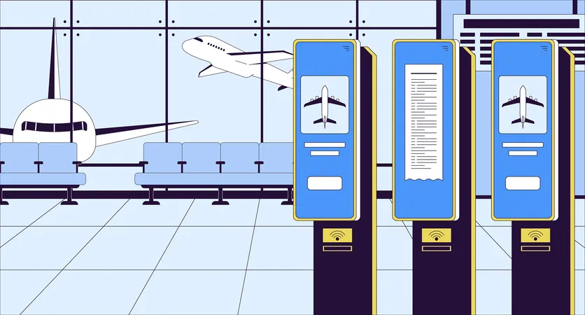 Check In Airport Terminal Plane Cartoon Flat Illustration Self Service Machine For Tickets 2 D Line Interior Colorful Background Departure Waiting Lounge No People Scene Vector Storytelling Image Illustration