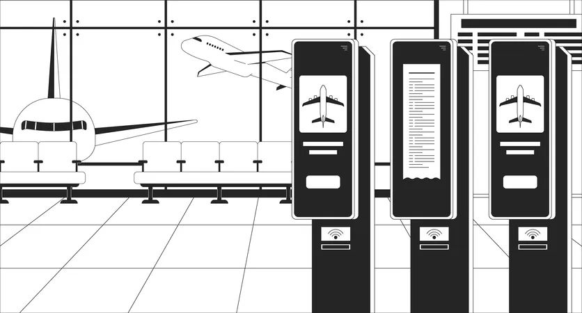 Check In Airport Terminal Plane Black And White Line Illustration Self Service Machine For Tickets 2 D Interior Monochrome Background Departure Waiting Lounge No People Outline Scene Vector Image Illustration