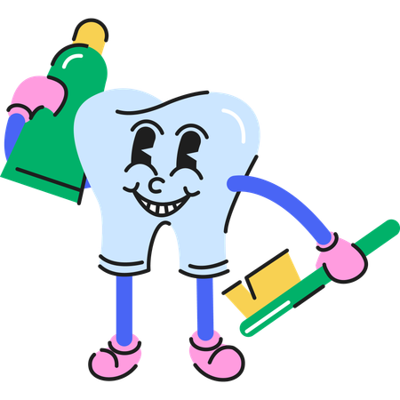 Personagem dental segurando pasta de dente em uma mão e escova de dente na outra  Ilustração