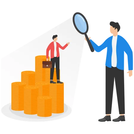 Checking Personal Income For Taxation Verifying Source Of Revenue Auditing Concept Government Officer Use Magnifying Glass To Look At Businessmen Standing On Money Stacks Illustration